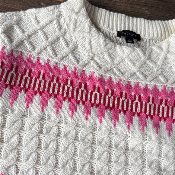 Talbots Chalet faire Isle cable knit pink & red mock neck sweater EUC size XL - Picture 3 of 6
